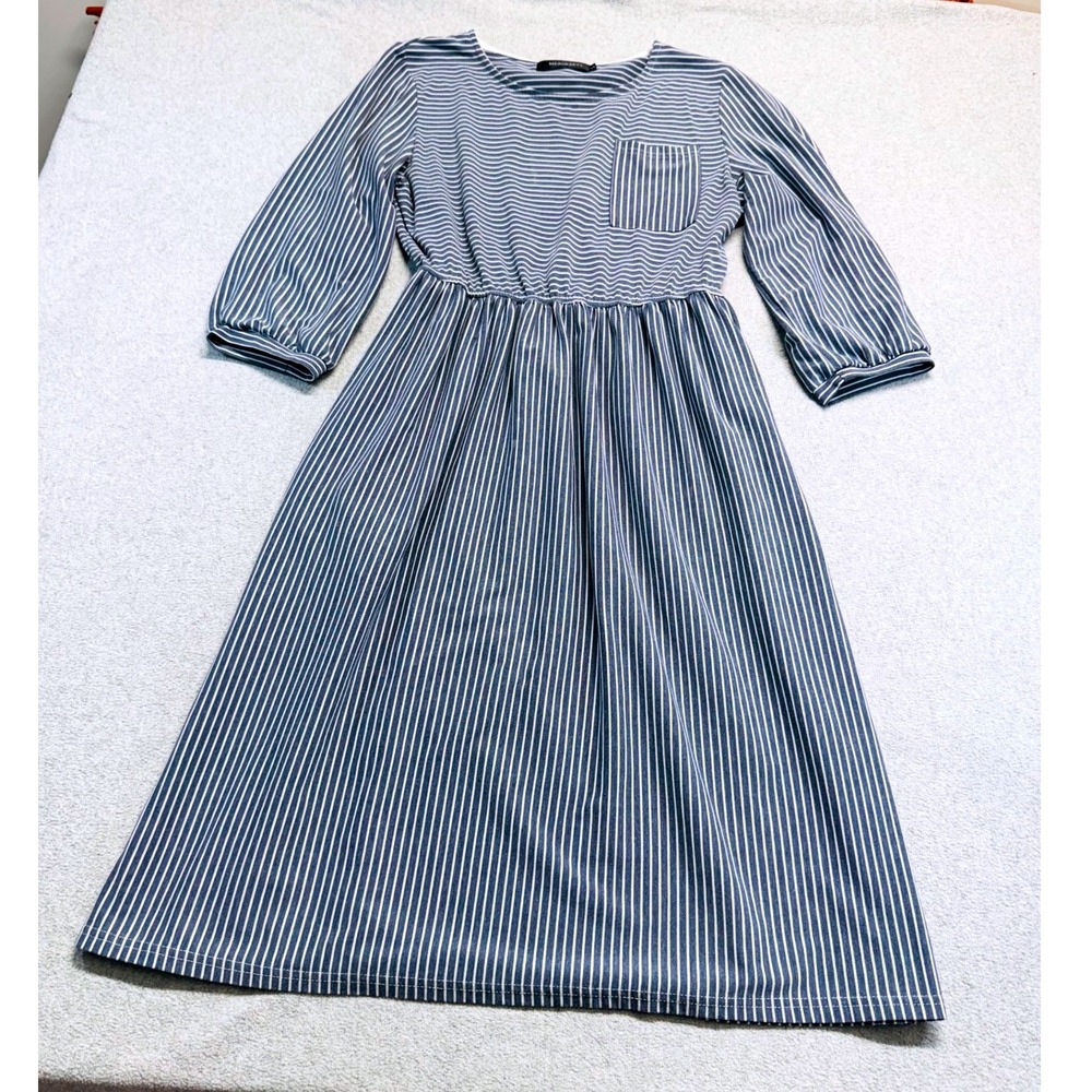 MEROKEETY Womens M Blue White Striped Midi Dress 3/4 Sleeve Pocket Casual Modest
